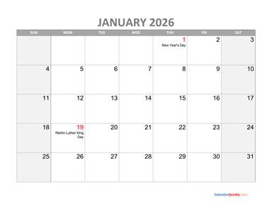 January Calendar 2026 with Holidays