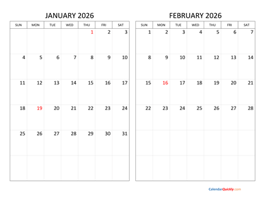 January and February 2026 Calendar Horizontal