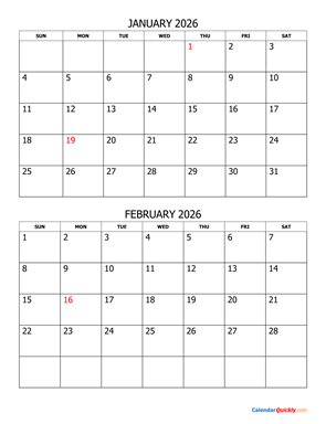 January and February 2026 Calendar Vertical