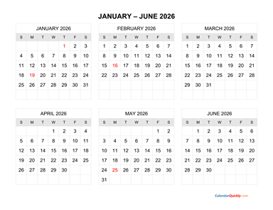 January to June 2026 Calendar Horizontal