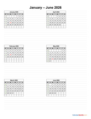 January to June 2026 Calendar Vertical