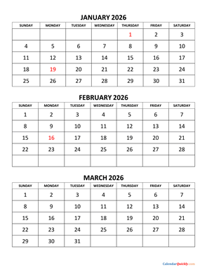 January to March 2026 Calendar Vertical