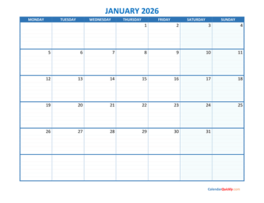 January Monday 2026 Blank Calendar