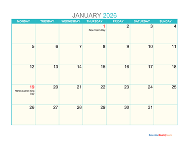 January Monday 2026 Calendar Printable