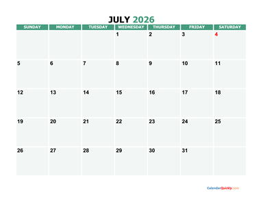 July 2026 Printable Calendar