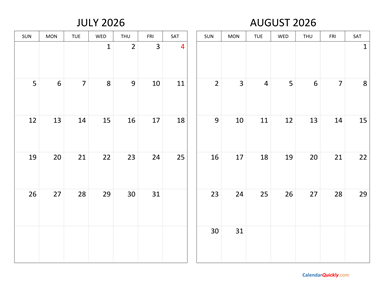 July and August 2026 Calendar Horizontal