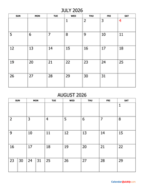 July and August 2026 Calendar Vertical