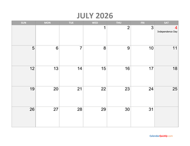 July Calendar 2026 with Holidays