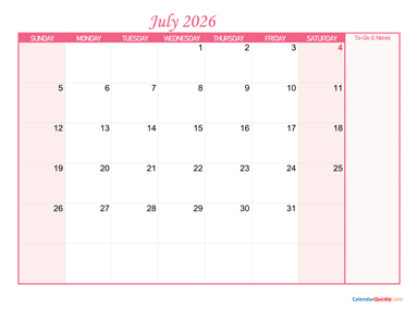 July Calendar 2026 with Notes