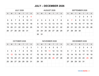 July to December 2026 Calendar Horizontal