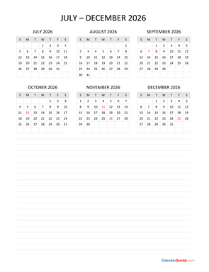 July to December 2026 Calendar with Notes