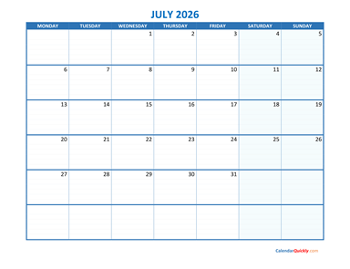 July Monday 2026 Blank Calendar