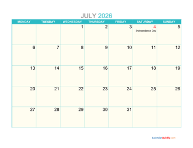 July Monday 2026 Calendar Printable