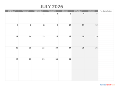 July Monday Calendar 2026 with Notes