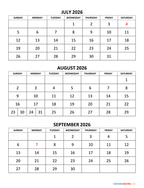 July to September 2026 Calendar Vertical