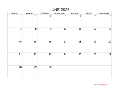 June 2026 Blank Calendar