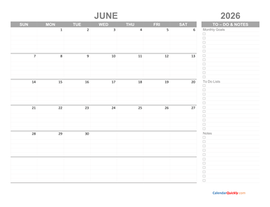 June 2026 Calendar with To-Do List