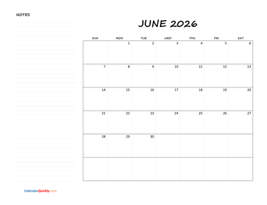 June Blank Calendar 2026 with Notes