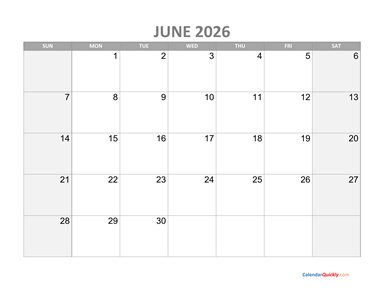 June Calendar 2026 with Holidays