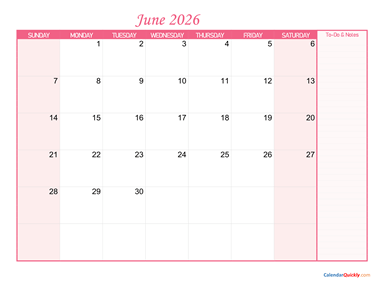 June Calendar 2026 with Notes