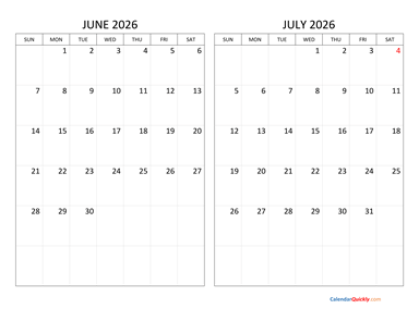 June and July 2026 Calendar Horizontal