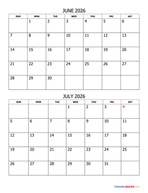 June and July 2026 Calendar Vertical