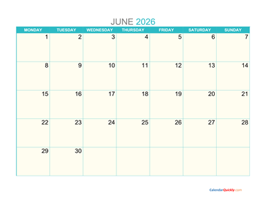 June Monday 2026 Calendar Printable