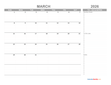 March 2026 Calendar with To-Do List