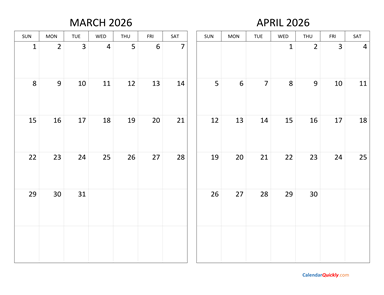 March and April 2026 Calendar Horizontal