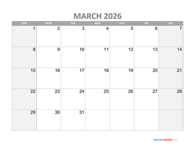 March Calendar 2026 with Holidays