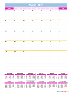 March Calendar 2026 Vertical