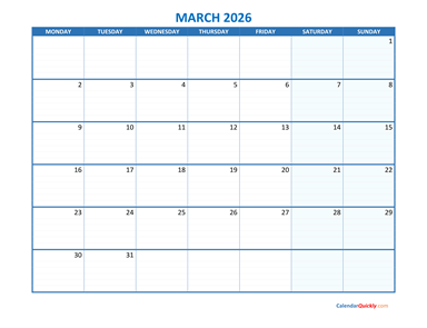 March Monday 2026 Blank Calendar