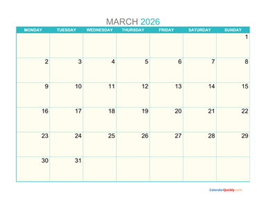 March Monday 2026 Calendar Printable