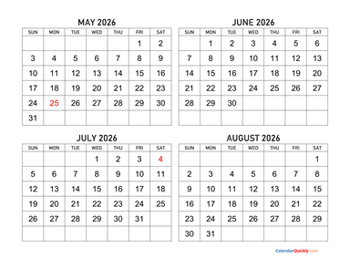 May to August 2026 Calendar