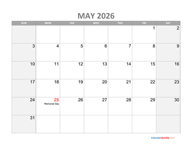 May Calendar 2026 with Holidays