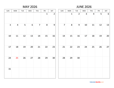 May and June 2026 Calendar Horizontal