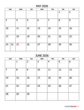 May and June 2026 Calendar Vertical