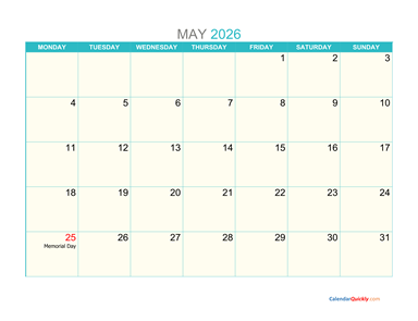 May Monday 2026 Calendar Printable