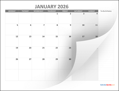 Monthly Monday Calendar 2026 with Notes