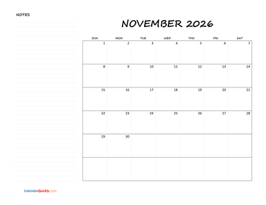 November Blank Calendar 2026 with Notes