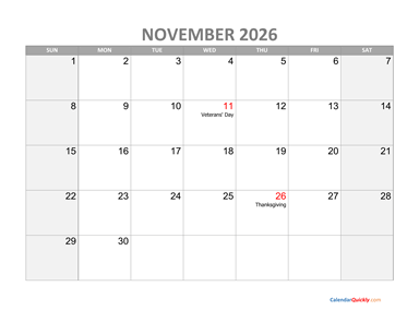 November Calendar 2026 with Holidays