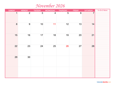 November Calendar 2026 with Notes