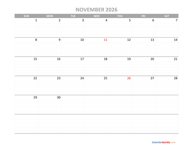 November Calendar 2026 Printable