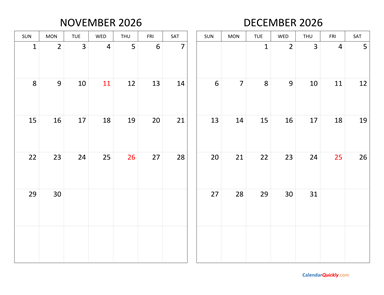 November and December 2026 Calendar Horizontal