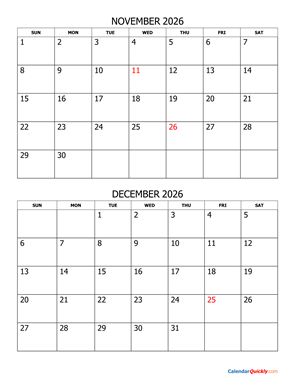 November and December 2026 Calendar Vertical