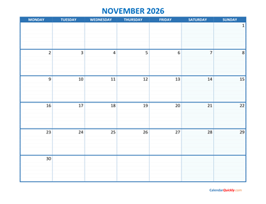 November Monday 2026 Blank Calendar