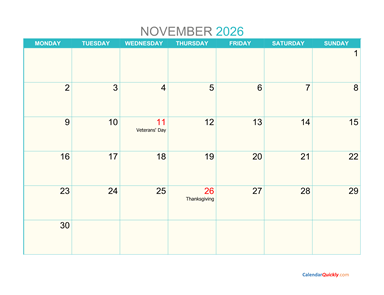 November Monday 2026 Calendar Printable