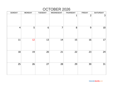 October 2026 Blank Calendar