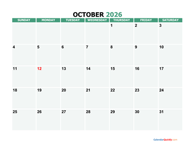 October 2026 Printable Calendar