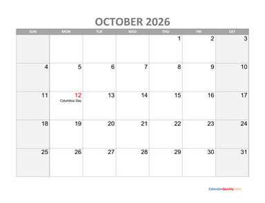 October Calendar 2026 with Holidays